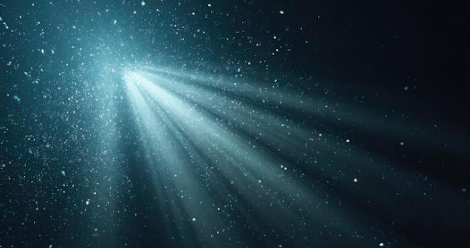 Beams of light pierce through a dark, starry sky, creating an ethereal, celestial atmosphere of wonder and tranquility. No recognizable landmarks visible.